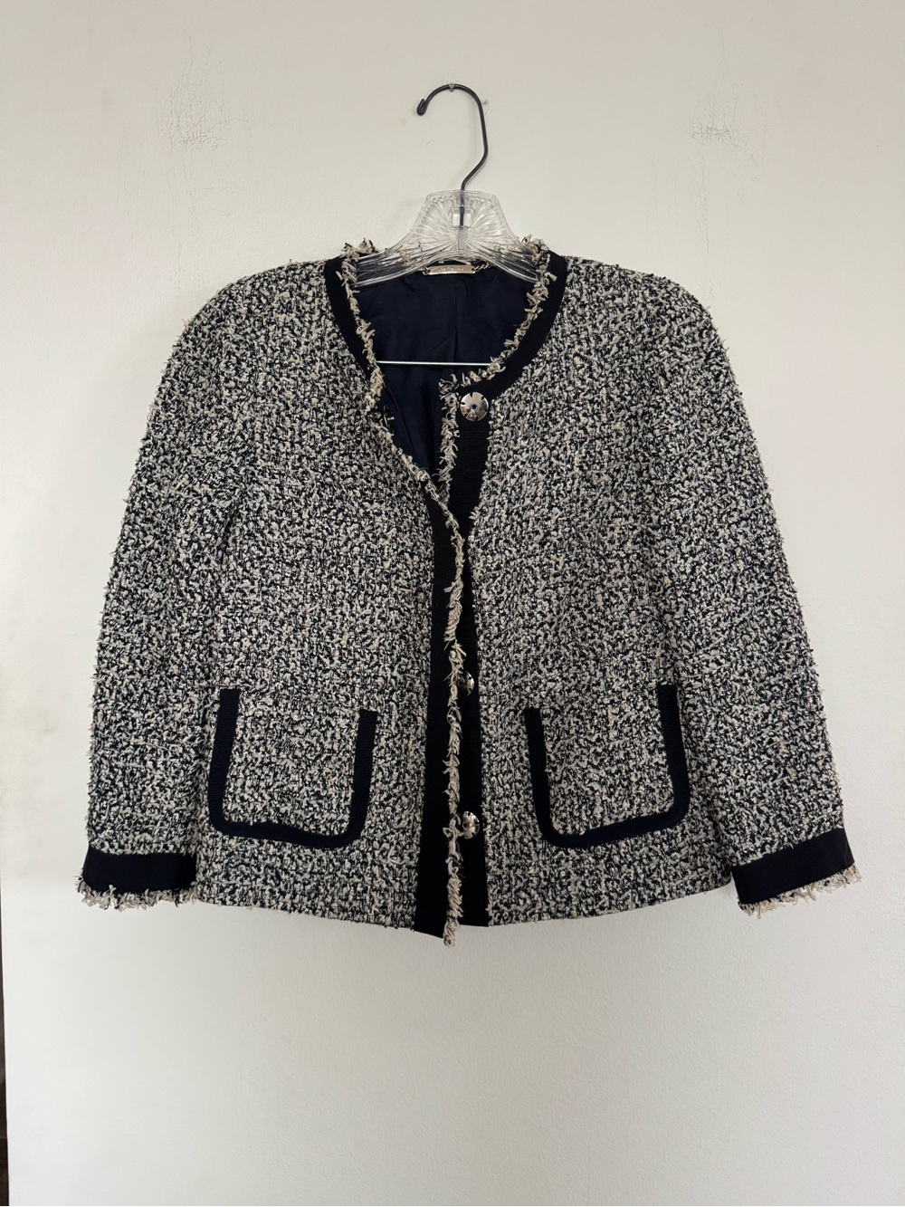 Les Copains Bouclé Tweed Jacket Black White Fringe Trim IT 40 US 4